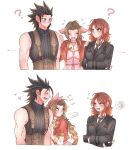  1boy 2girls 7_(milu577610) ? aerith_gainsborough arrow_(symbol) bare_shoulders black_gloves black_hair black_jacket black_necktie blue_eyes blush braid braided_ponytail brown_eyes brown_hair chinese_commentary cissnei collared_shirt commentary_request crossed_arms dress final_fantasy final_fantasy_vii final_fantasy_vii_ever_crisis final_fantasy_vii_rebirth final_fantasy_vii_remake fingerless_gloves flying_sweatdrops gloves green_eyes hair_ribbon hand_on_another&#039;s_shoulder heart highres jacket jealous leaning_on_person long_hair looking_at_another motion_lines multiple_girls necktie open_clothes open_jacket open_mouth parted_bangs pink_dress pink_ribbon ponytail red_jacket ribbed_sweater ribbon shirt simple_background single_sidelock sleeveless sleeveless_turtleneck spiked_hair suspenders sweatdrop sweater turks_(ff7) turtleneck turtleneck_sweater upper_body white_background white_shirt zack_fair 