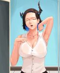  1girl absurdres arm_up armpits asymmetrical_horns black_hair black_horns blue_hair breasts cleavage closed_eyes collared_shirt colored_inner_hair highres hololive hololive_english horns large_breasts mairu_(user_2757) mole mole_under_eye multicolored_hair nerissa_ravencroft nerissa_ravencroft_(casual) official_alternate_costume official_alternate_hairstyle open_mouth shirt short_hair sleeveless sleeveless_shirt solo sweat virtual_youtuber wet wet_clothes wet_shirt 