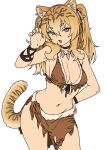  1girl animal_ear_fluff animal_ears animal_print bikini black_choker black_panties blonde_hair bone bone_hair_ornament bracelet breasts brown_bikini cavewoman choker claw_pose contrapposto cowboy_shot fang fingernails flat_color fur-trimmed_bikini fur_trim furrowed_brow gradient_hair hair_ornament hand_on_own_hip hand_up highres houtengeki jewelry loincloth long_fingernails long_hair medium_breasts multicolored_hair navel necklace open_mouth original panties pelt print_loincloth short_eyebrows sidelocks simple_background skin_fang skindentation solo striped_hair swimsuit tail tiger_ears tiger_girl tiger_girl_(houtengeki) tiger_pelt tiger_print tiger_stripes tiger_tail tooth_necklace tribal twintails underwear v white_background wristband yellow_eyes 