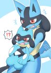 2024 3_fingers absurd_res ambiguous_gender anthro biped black_inner_ear black_markings blue_body blush carrying_another colored duo facial_markings featureless_crotch fingers fur generation_4_pokemon gloves_(marking) handpaw head_markings hi_res implied_transformation interrobang japanese_description leg_markings looking_down_at_self lucario markings mask_(marking) motion_lines nintendo nude open_mouth paws pokemon pokemon_(species) pseudo_hair red_eyes riolu root_doggie simple_background socks_(marking) speech_bubble standing tail tail_motion tailwag three-quarter_view yellow_body yellow_fur
