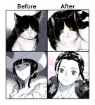  1girl :3 angry before_and_after black_cat black_hair blue_eyes blunt_bangs cat closed_mouth cowboy_hat fur_trim happy hat highres japanese_clothes long_hair looking_at_viewer looking_down looking_up multiple_expressions nico_robin one_piece saran_w_rap shaded_face simple_background sparkle spot_color upper_body white_background yellow_eyes 