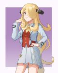  1girl aged_down blonde_hair cosplay cowboy_shot cynthia_(pokemon) grey_eyes hair_over_one_eye hand_on_own_hip long_hair looking_at_viewer moka_(sub_mochat) pleated_skirt pokemon pokemon_dppt pokemon_masters_ex rosa_(academy)_(pokemon) rosa_(pokemon) rosa_(pokemon)_(cosplay) skirt solo very_long_hair 