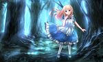  alice_(wonderland) alice_in_wonderland apron blonde_hair blue_eyes dappled_sunlight forest highres long_hair looking_at_viewer maid_apron nature original puffy_sleeves risutaru smile solo sunlight 