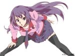  1girl arm_behind_back artist_name bakemonogatari bent_over black_thighhighs blue_eyes blue_necktie blue_skirt breast_pocket breasts collared_shirt end_card feet_out_of_frame fingernails floating_hair hand_on_own_knee kobayashi_jin long_hair long_sleeves looking_at_viewer medium_breasts miniskirt monogatari_(series) naoetsu_high_school_uniform necktie object_in_pocket official_art open_mouth pen_in_pocket pleated_skirt pocket purple_hair purple_shirt red_trim ruler school_uniform senjougahara_hitagi shirt simple_background skirt sleeve_cuffs solo spread_legs thighhighs third-party_source white_background zettai_ryouiki 