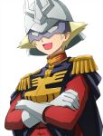  1girl blonde_hair char_aznable char_aznable_(cosplay) commentary_request cosplay crossed_arms epaulettes erwin_(girls_und_panzer) girls_und_panzer gloves gundam helmet highres military_uniform mobile_suit_gundam omachi_(slabco) open_mouth short_hair simple_background smile solo white_background white_gloves white_helmet 