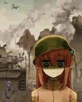  4girls absurdres aircraft airplane blue_hair blue_skirt blue_vest bocchi_the_rock! cube_hair_ornament dragonostic fighter_jet gotoh_hitori hair_ornament hat helmet highres ijichi_nijika jacket kessoku_band kita_ikuyo lvt meme military_hat military_vehicle motor_vehicle multiple_girls outdoors pink_hair pink_jacket pink_track_suit shaded_face skirt smoke tank the_two-thousand_yard_stare thousand_yard_stare track_jacket track_suit vest war yamada_ryo 