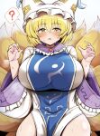  1girl ? arms_up blonde_hair blue_tabard blush breasts collar commentary cowboy_shot crossed_bangs diz_(diznaoto) fox_girl fox_tail frilled_collar frills hair_between_eyes hat highres huge_breasts light_frown long_sleeves mob_cap multiple_tails ofuda open_mouth purple_collar shirt short_hair simple_background solo speech_bubble spoken_question_mark sweat tabard tail thighs touhou white_background white_hat white_shirt wide_sleeves yakumo_ran yellow_eyes 