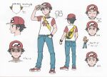  1boy aged_up baseball_cap brown_eyes brown_hair closed_mouth concept_art hat male_focus non-web_source official_art pants poke_ball_print pokemon pokemon_sm red_(pokemon) red_hat serious shirt short_hair short_sleeves simple_background spiked_hair white_background 