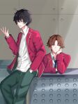  advanced_nurturing_high_school_uniform ayanokouji_kiyotaka black_hair blue_necktie brown_eyes brown_hair classroom closed_mouth collared_shirt desk green_pants hand_in_pocket hand_up highres jacket katagiri_yuuichi long_hair long_sleeves looking_at_viewer looking_to_the_side necktie pants red_eyes red_jacket school_desk school_uniform serious shirt smile tomodachi_game user_knuf2785 white_shirt youkoso_jitsuryoku_shijou_shugi_no_kyoushitsu_e 