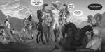 2:1 absurd_res admiring animal_genitalia animal_penis anthro arm_around_waist bandage bottomwear bovid bovid_horn breasts canid canine caprine caprine_horn clothed clothing cloven_hooves curved_horn deer dialogue ear_piercing ear_ring english_text equine_genitalia equine_penis facial_piercing female field flaccid flexing fox frenum_ladder frenum_piercing fur fur_markings genital_piercing genitals goat greyscale grin group gynomorph harem hi_res hooves horn humanoid_genitalia humanoid_penis intersex ladder_piercing loincloth loincloth_only lying male male/female mammal markings monochrome muscular muscular_anthro muscular_male nipple_piercing nipple_ring nipples nose_piercing nose_ring on_front outside penis penis_piercing piercing ram_horn ring_piercing sheep smile tenzing text topless tribal walking