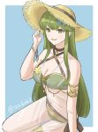  1girl armlet bikini blue_background breasts cleavage criss-cross_halter fire_emblem fire_emblem_echoes:_shadows_of_valentia fire_emblem_heroes flower green_bikini green_eyes green_hair hair_flower hair_ornament halterneck hat highres jewelry large_breasts long_hair navel official_alternate_costume open_mouth palla_(fire_emblem) palla_(summer)_(fire_emblem) sarong see-through_clothes see-through_sarong simple_background smile solo straw_hat sun_hat swimsuit tea6043 thighlet thighs 