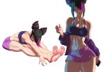  1girl absurdres armpit_crease bare_legs bare_shoulders barefoot black_hair blue_sports_bra breasts cellphone cleavage commentary cone_hair_bun cowboy_shot dolphin_shorts english_commentary feet foot_focus full_body hair_bun hair_over_one_eye han_juri hand_up highres holding holding_phone jacket large_breasts legs looking_at_viewer multicolored_hair multiple_views nail_polish navel one_eye_covered open_clothes open_jacket parted_lips phone pink_shorts purple_eyes purple_hair purple_jacket purple_nails reiss_art short_eyebrows short_shorts shorts sidelocks simple_background smartphone soles sports_bra spread_toes stomach streaked_hair street_fighter stretching thick_thighs thighs toenail_polish toenails toes two-tone_hair v-shaped_eyebrows white_background 