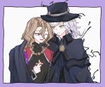  2boys ascot braid cape cross cross_necklace edmond_dantes_(fate) fate/grand_order fate_(series) fedora food formal_clothes glasses hat highres jewelry long_hair male_focus michael_roa_valdamjong multiple_boys necklace ponytail priest red_eyes side_ponytail tarantella_(fate) user_vpue3848 vampire white_ascot white_hair yaoi yellow_eyes 