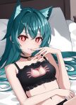  1girl absurdres animal_ears aqua_hair bare_arms bare_shoulders bed bell bianca_(black_survival) black_bra black_choker black_panties black_survival bra breasts bright_pupils cat_cutout cat_ears cat_lingerie choker cleavage cleavage_cutout clothing_cutout eternal_return:_black_survival extra_ears finger_to_mouth frilled_bra frills grin hand_up highres jingle_bell kemonomimi_mode keystone_(costone) long_hair looking_at_viewer lying medium_breasts nail_polish navel on_back on_bed panties pillow red_eyes red_nails smile solo sparkling_eyes stomach string_bra underwear underwear_only 