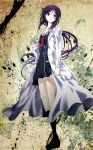  1girl black_dress black_socks breasts buttons chaos;child clenched_teeth collarbone cry-planet dress floating_neckwear full_body hair_between_eyes hekiho_academy hekiho_academy_school_uniform highres kneehighs kunosato_mio lab_coat lapels long_hair long_sleeves looking_to_the_side medium_breasts necktie notched_lapels open_clothes parted_lips ponytail purple_eyes purple_hair red_necktie school_uniform shirt shoes short_necktie sidelocks skirt socks solo standing sumo_sticker_(chaos;child) teeth 