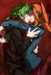  1boy 1girl arm_over_shoulder black_jacket blazer blood blood_on_clothes blood_on_knife blood_on_weapon blue_jacket blush braid bright_pupils brown_shirt chidouin_sara closed_mouth floating_hair forehead-to-forehead green_eyes green_hair hair_between_eyes hair_over_shoulder hand_on_another&#039;s_arm hand_on_another&#039;s_back heads_together highres holding holding_knife hug jacket kimi_ga_shine knife long_hair long_sleeves looking_at_another midori_(kimi_ga_shine) orange_hair pale_skin pleated_skirt ponytail purple_eyes rattail red_background red_scarf red_skirt scarf school_uniform shaded_face shirt single_sidelock skirt smile stab sweatdrop weapon white_pupils white_shirt wide-eyed wing_collar yellowmao0509 