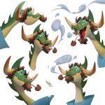 1:1 2024 2_horns adobe_photoshop_(artwork) ambiguous_form black_eyes blowing_smoke blue_clothing blue_topwear bodily_fluids brown_eyebrows brown_facial_hair brown_goatee brown_hair clothed clothed_male clothing colored content curved_horn digital_drawing_(artwork) digital_media_(artwork) dragon english_description european_mythology expression_sheet eyebrows facial_hair federico_maria_cugliari gilberto_(federico_maria_cugliari) goatee green_body green_scales green_spines grey_sclera hair half-closed_eyes happy hi_res horn male multicolored_body multicolored_scales mythological_creature mythological_scalie mythology narrowed_eyes object_in_mouth open_mouth open_smile red_tongue scales scalie shaded signature simple_background smile smoke smoking smoking_pipe smoking_pipe_in_mouth solo sweat sweatdrop tan_horn thick_eyebrows tongue topwear two_tone_body two_tone_scales western_dragon white_background yellow_body yellow_scales