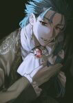  1boy absurdres antenna_hair ascot blue_hair bow bowtie collar collared_shirt cu_chulainn_(caster)_(fgo_fes._2025)_fate earrings fangs fate/grand_order fate_(series) fingernails gem hair_bow hand_on_own_chest highres jewelry kenne_28 long_sleeves looking_at_viewer print_shirt red_eyes red_gemstone shirt side_ponytail solo spiked_collar spikes white_ascot wide_sleeves 