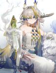  1girl absurdres arknights colored_extremities dragon dragon_horns earrings grey_eyes highres horns jewelry long_hair mi_tei_0401 multicolored_hair pants pointy_ears red_pupils shu_(arknights) sitting smile strapless tube_top white_pants 