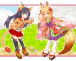  2girls animal_ears balulu_alma black_hair black_thighhighs blonde_hair blue_eyes boots brown_boots brown_eyes character_name dated dress emil_chronicle_online fox_ears fox_girl fox_shadow_puppet fox_tail frilled_skirt frills geta hair_ribbon highres jacket japanese_clothes kimono loki_alma long_hair multiple_girls open_mouth orange_jacket red_ribbon red_skirt ribbon shirt side_ponytail skirt striped_clothes striped_shirt tail thighhighs white_thighhighs yanapy 