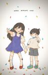  1boy 1girl :d ^_^ absurdres aged_down aqua_shoes black_hair blush bow bow_legwear brother_and_sister character_name child chromatic_aberration closed_eyes closed_mouth commentary_request confetti double-parted_bangs dress facing_viewer film_grain full_body grey_shorts hair_behind_ear hair_between_eyes happy_birthday highres holding_hands kneehighs legs_apart long_hair mari_(faraway)_(omori) mari_(omori) mary_janes medium_dress mkn364 omori open_mouth purple_dress red_bow red_shoes shirt shoes short_hair short_sleeves shorts siblings simple_background sleeveless sleeveless_dress smile socks standing sunny_(omori) teeth u_u upper_teeth_only v very_short_hair vignetting white_background white_shirt white_socks 