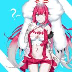  1girl ? baobhan_sith_(fate) baobhan_sith_(swimsuit_pretender)_(first_ascension)_(fate) blue_background breasts cernunnos_(fate) clothes_pull commentary cup detached_collar drinking drinking_straw english_commentary fate/grand_order fate_(series) fur-trimmed_jacket fur_trim grey_eyes hand_up highres holding holding_cup jacket long_hair looking_at_viewer low_twintails navel one_eye_closed pink_hair pink_skirt pointy_ears sidelocks skirt skirt_pull solo twintails vemus_01 white_jacket 