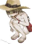  1girl ant bag bangle bare_shoulders belt_collar black_bow black_ribbon blunt_bangs blush bow bracelet braid bug closed_mouth collar collarbone dress full_body grey_hair hair_ribbon handbag hands_on_own_knees hat hat_bow highres jewelry lace_trim long_hair looking_down mado_(mado83893768) makaino_ririmu makaino_ririmu_(3rd_costume) multicolored_hair nijisanji no_socks platform_sandals pointy_ears red_bag red_collar red_eyes red_hair ribbon sandals shade shoulder_bag sidelocks simple_background sleeveless sleeveless_dress solo squatting strap_slip straw_hat streaked_hair sundress twin_braids virtual_youtuber white_background white_dress yellow_hat 