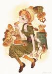  1girl absurdres braid bread cake cake_slice dress food full_body harrymiao highres orange_hair original socks solo 