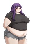  1girl absurdres alternate_body_size arms_behind_back blunt_bangs blush breasts cowboy_shot dolphin_shorts fat fern_(sousou_no_frieren) highres huge_breasts long_hair looking_at_viewer navel open_mouth purple_eyes purple_hair rin_noheki shirt short_sleeves shorts sidelocks simple_background solo sousou_no_frieren t-shirt thick_arms thick_thighs thighs white_background 