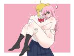  2girls ^^^ ahoge black_socks blonde_hair blue_eyes blue_skirt blush bocchi_the_rock! bow bowtie breasts carrying chinese_commentary clenched_teeth closed_eyes clothed_female_nude_female collared_shirt commentary_request completely_nude cube_hair_ornament detached_ahoge gotoh_hitori hair_ornament highres hug ijichi_nijika inuitakumi49 large_breasts multiple_girls nude one_side_up open_mouth pink_background pink_hair pleated_skirt princess_carry red_bow red_bowtie shaded_face shirt skirt smile socks sparkle teeth thighs twitching two-tone_background white_background white_shirt yuri 