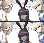  3girls absurdres animal_ears asuna_(blue_archive) asuna_(bunny)_(blue_archive) black_hair blonde_hair blue_archive blue_bow blue_bowtie blue_eyes blue_hair blue_halo blue_leotard blush bow bowtie braid breasts carnival_phantasm cleavage collarbone dark-skinned_female dark_skin detached_collar embarrassed fake_animal_ears hair_over_one_eye hair_ribbon half_up_braid halo highres kai_xin karin_(blue_archive) karin_(bunny)_(blue_archive) large_breasts leotard long_hair looking_at_viewer medium_breasts meme mole mole_on_breast multicolored_hair multiple_girls open_mouth ponytail pov purple_halo rabbit_ears ribbon smile streaked_hair toki_(blue_archive) toki_(bunny)_(blue_archive) very_long_hair yellow_eyes you_gonna_get_raped 