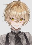  1boy absurdres aristocratic_clothes ascot black_ascot black_vest blonde_hair blush brooch commentary crossed_bangs eyes_visible_through_hair fang frills glint grey_background grey_shirt hair_between_eyes hair_intakes highres jewelry looking_at_viewer mahiru_mm male_focus original parted_lips portrait shirt short_hair simple_background skin_fang smile solo twitter_username vest yellow_eyes 