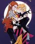  1boy 1girl arms_around_neck black_nails black_suit blonde_hair breasts brown_hair cleavage closed_mouth commentary cosplay couple dress earrings english_commentary feet_out_of_frame full_body hair_between_eyes hetero jack_skellington jack_skellington_(cosplay) jewelry link long_dress long_hair looking_at_another manodemarina medium_breasts nail_polish pants patchwork_clothes patchwork_skin pinstripe_jacket pinstripe_pants pinstripe_pattern pinstripe_suit pointy_ears princess_zelda sally_(nbc) sally_(nbc)_(cosplay) scar scar_on_face short_hair short_sleeves smile sparkle suit the_legend_of_zelda the_legend_of_zelda:_twilight_princess the_nightmare_before_christmas torn_clothes torn_sleeves 