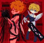  1girl angel angel_wings blonde_hair blue_eyes dress english_commentary english_text feathered_wings feathers halo heart_(organ) highres holding holding_weapon intestines looking_at_viewer low_wings melting_halo multiple_views original pigeon-toed red_background red_halo satanmanse short_hair sweater sweater_dress turtleneck turtleneck_dress weapon white_feathers wings 