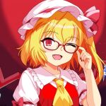  1girl adjusting_eyewear ascot bespectacled blonde_hair blush collarbone collared_shirt commentary_request crystal crystal_wings fang flandre_day flandre_scarlet frilled_shirt_collar frills glasses hand_on_eyewear hat hat_ribbon long_hair looking_at_viewer mist9801km mob_cap multicolored_wings one_eye_closed one_side_up open_mouth red-framed_eyewear red_eyes red_nails red_vest ribbon shirt short_sleeves smile solo touhou vest white_hat white_shirt wings yellow_ascot 