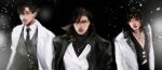  1girl 2boys :| black_background black_eyes black_hair black_necktie black_suit black_vest blurry closed_mouth coat collarbone collared_shirt grin hair_between_eyes han_sooyoung jewelry kim_dokja looking_at_another looking_at_viewer macaronijail multiple_boys necklace necktie omniscient_reader&#039;s_viewpoint popped_collar serious shirt short_hair smile snowing suit upper_body vest white_coat white_shirt white_vest yoo_joonghyuk 