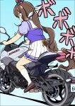  1girl admire_vega_(umamusume) animal_ears blue_background bow brown_hair brown_shoes commentary ear_ornament hair_bow highres horse_girl horse_tail horseshoe_ornament jacket kneehighs loafers long_hair low_ponytail motion_lines motor_vehicle motorcycle pleated_skirt ponytail puffy_short_sleeves puffy_sleeves purple_shirt riding sailor_collar sailor_shirt shadow shirt shoes short_sleeves skirt socks solo summer_uniform suzuki_(company) tail tail_through_clothes track_jacket umamusume vehicle_request very_long_hair wahiko_(black_bastard) white_bow white_sailor_collar white_shirt white_skirt 