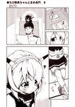  2girls :t admiral_(kantai_collection) blush chibi chibi_on_head closed_mouth comic commentary couch gloves headgear kantai_collection kouji_(campus_life) long_hair long_sleeves midriff military military_uniform miniskirt monochrome multiple_girls mutsu_(kantai_collection) nagato_(kantai_collection) navel on_head pleated_skirt short_hair sitting skirt sleeveless thighhighs translated uniform younger 