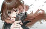 1girl absurdres aiming artist_name black_jacket brown_eyes brown_hair closed_mouth commentary english_text floating_hair glint gun highres holding holding_gun holding_weapon jacket long_hair lupin_iii mine_fujiko red_lips smile solo twitter_username weapon white_background yuuka_nade 