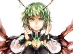  alternate_costume antennae aqua_eyes cape cleavage_cutout emerald green_hair hands_in_hair high_collar jewelry lips long_sleeves looking_at_viewer necklace parted_lips short_hair simple_background solo touhou white_background wriggle_nightbug yokosuka220 