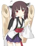  1girl :&lt; backpack bag brown_hair fusazakura highres japanese_clothes kimono kiritanpo_(food) obi randoseru red_eyes sash solo touhoku_kiritan twintails voiceroid white_background white_kimono 