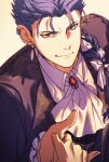  1boy alternate_costume alternate_hairstyle ascot black_suit blue_hair braid brooch closed_mouth cu_chulainn_(caster)_(fate) cu_chulainn_(fate) earrings fate/grand_order fate_(series) formal_clothes gem hair_over_shoulder hair_ribbon highres holding_hands jewelry long_hair looking_at_viewer male_focus red_eyes red_gemstone ribbon sattari simple_background single_braid smile solo_focus suit upper_body white_ascot white_ribbon yellow_background 