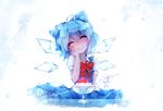  ahoge bai_yemeng blue_dress blue_hair blush bow cirno closed_eyes dress eating hair_bow hand_on_own_cheek happy ice ice_wings puffy_short_sleeves puffy_sleeves shaved_ice shirt short_sleeves solo spoon touhou wings 