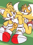  balls canine clothing duo erection fox fur gloves legwear lying machv99 male male/male mammal miles_prower on_back open_mouth penis selfcest smile socks sonic_(series) square_crossover video_games 