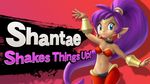  artsyomni bare_shoulders blue_eyes dark_skin ear_piercing english_text female genie hair hair_ornament headband humanoid jewelry long_hair piercing pointy_ears ponytail purple_hair shantae smile solo super_smash_bros text video_games wayforward 