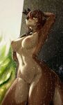 2025 5_fingers absurd_res anthro areola biped breasts brown_body brown_fur brown_hair brown_tail claws countershade_fur countershade_torso countershading digital_media_(artwork) female finger_claws fingers front_view fur green_eyes hair handpaw hi_res looking_at_viewer mammal mustelid navel nipples nude nude_anthro nude_female otter outside paws pizhma solo standing tail teeth vulva wet