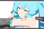  1girl :/ abmayo adjusting_clothes aqua_eyes aqua_hair arm_tattoo bare_shoulders black_sleeves closed_mouth commentary_request detached_sleeves expressionless grey_shirt hair_between_eyes hair_ornament hatsune_miku highres letterboxed long_hair number_tattoo shirt simple_background sleeveless sleeveless_shirt solo tattoo twintails vocaloid white_background 