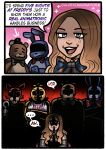  1girl anger_vein animatronic bib black_bow black_bowtie bonnie_(fnaf) bow bowtie brown_hair chica chloeimagine commentary dc_comics english_commentary five_nights_at_freddy&#039;s foxy_(fnaf) freddy_fazbear grey_eyes hat highres hook_hand long_hair m3gan m3gan_(character) red_bow red_bowtie shaded_face speech_bubble sweatdrop top_hat 