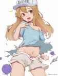 1girl artist_name baseball_cap blue_shirt bow bow_panties brown_hair brown_shorts commentary_request finger_to_mouth flat_chest hat hataraku_saibou looking_at_viewer meow_head midriff navel open_mouth orange_eyes panties platelet_(hataraku_saibou) shirt shorts simple_background single_bare_shoulder single_off_shoulder solo tearing_up teeth torn_clothes torn_shirt torn_shorts underwear upper_teeth_only white_background white_hat white_panties 