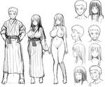  1girl 774_(nanashi) bad_id bad_pixiv_id breasts character_sheet closed_eyes greyscale grin hands_on_hips hyuuga_hinata japanese_clothes kimono large_breasts monochrome naruto naruto_(series) nipples nude open_mouth profile sketch smile uzumaki_naruto yukata 